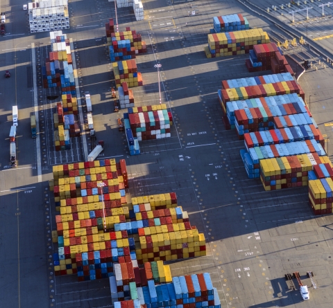 Aerial view of containers in shipping yard